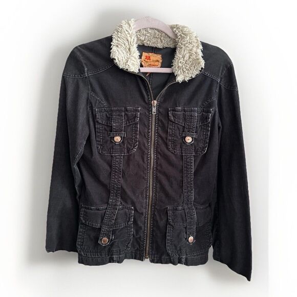 22 Twenty Two Black Corduroy Faux Fur Trim Small Full Zip ASO Gilmore Girls - Picture 1 of 8